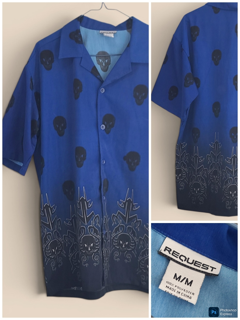 Request Blue Skull & Tribal Print Button Down Shirt